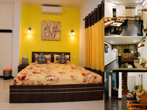 a bedroom with a bed and a yellow wall at White Villa Airport Transit Hotel in Katunayaka