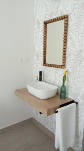 a bathroom with a white sink and a mirror at La Pionera in Mejorada