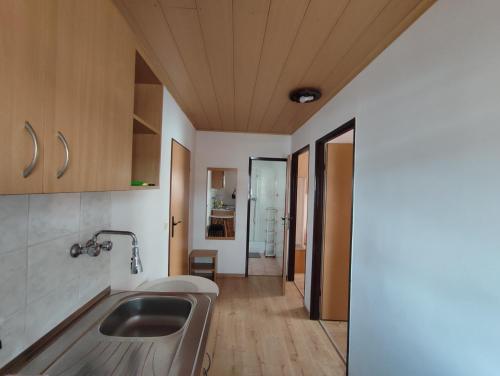 a kitchen with a sink and wooden cabinets at Ubytovanie Erika in Vitanová