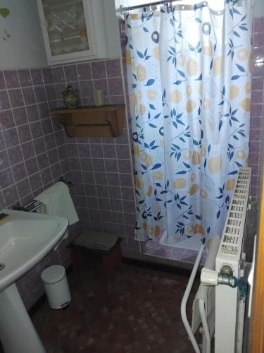 a bathroom with a shower curtain and a sink at Petit cocon connecté à la nature ! in Pouxeux