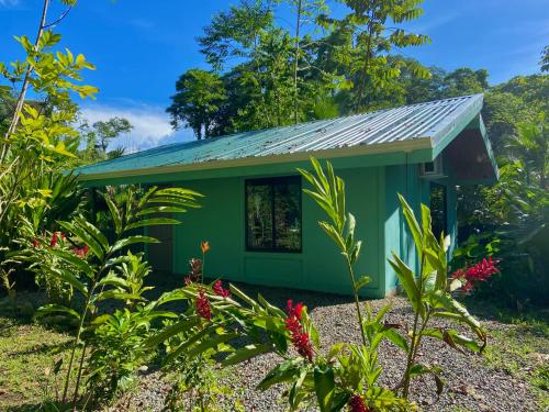 a green building with a tin roof in a garden at Lugar Mágico in Puerto Viejo