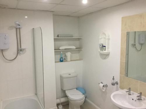 a white bathroom with a toilet and a sink at The Danescourt in Blackpool