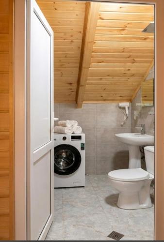 a bathroom with a washing machine and a sink at Gablile apartments in Mestia