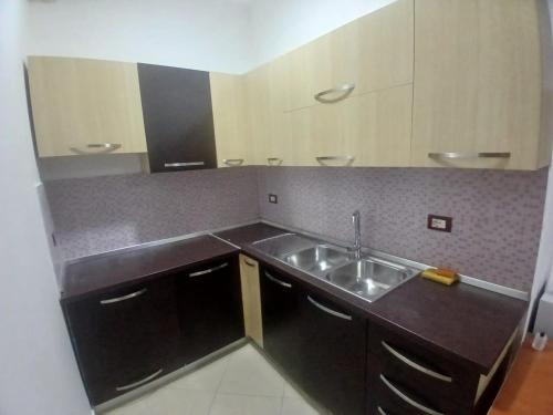 a kitchen with a sink and a counter top at Rana E Hedhun Llugani Apartments in Lezhë