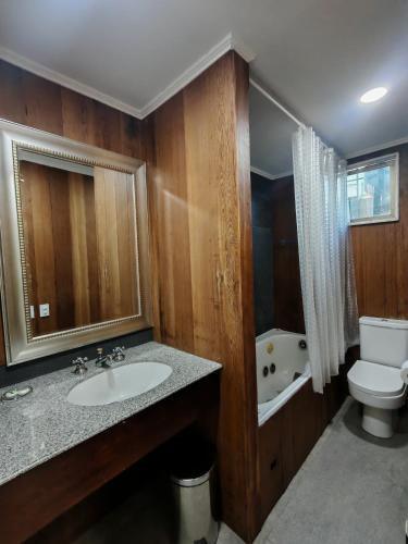 a bathroom with a sink and a toilet at Hostal Chikiyan in San José de Maipo