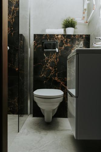 a bathroom with a toilet and a black wall at Złota Brama - Old Town Apartment 1 in Gdańsk