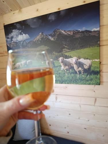 a person holding a glass of wine with a herd of sheep at Podhalańskie Chaty in Rokiciny Podhalanskie