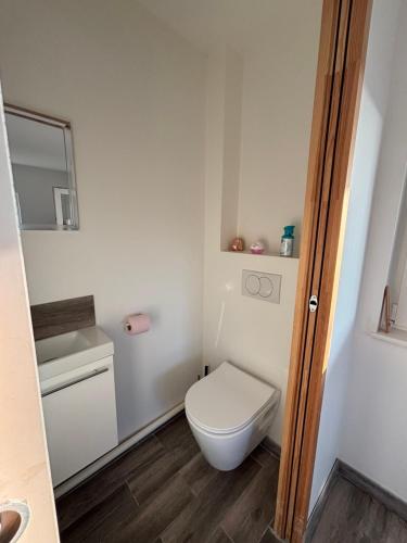 a white bathroom with a toilet and a sink at Appart Résidence Yadah RDC in Granville