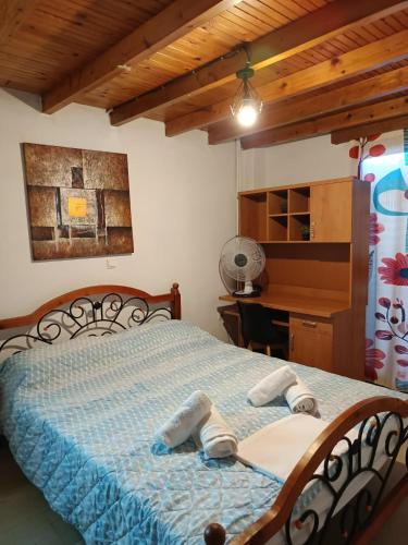 a bedroom with a bed with a blue comforter and a desk at Thalia in Perea