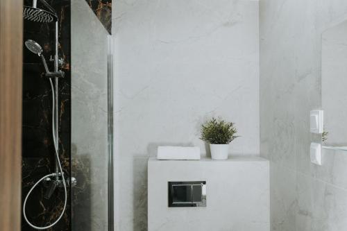 a white bathroom with a shower and a sink at Złota Brama - Old Town Apartament 2 in Gdańsk