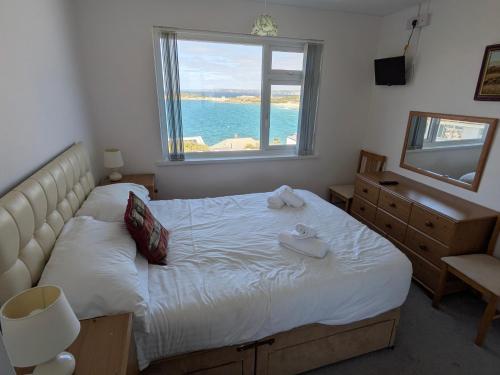a bedroom with a bed with a large window at Surf View Apartments in Newquay