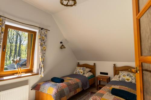 a bedroom with two beds and a window at Domek Leśny Anioł in Jarnołtówek