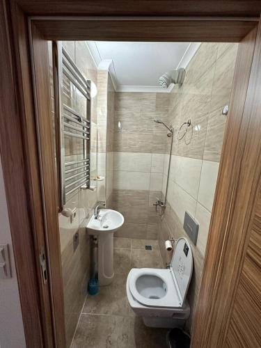 a bathroom with a toilet and a sink at Meşeiçi Butik Aile Otel in Macka