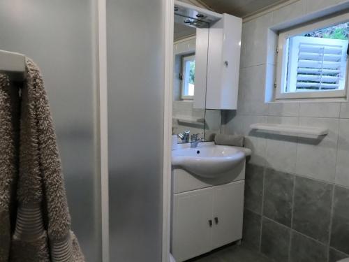 a bathroom with a sink and a window at Seaside Apartments Sunny Prižba in Blato
