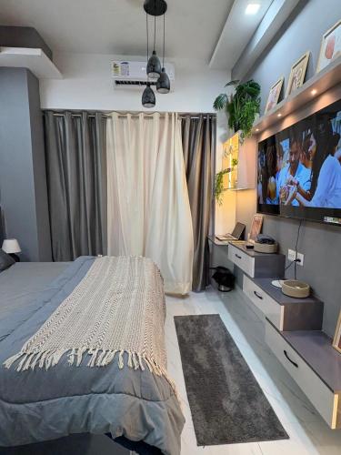 a bedroom with a large bed and a television at The cozy corner in Ghaziabad