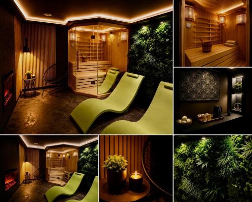 a collage of photos of a room with green furniture at GreenHouse pool & spa in Otruševec