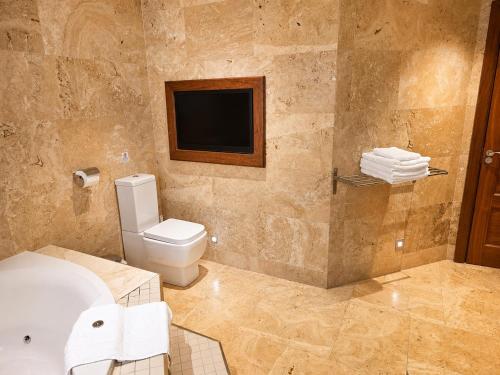 a bathroom with a toilet and a tv on the wall at Moorepark West House in Fermoy