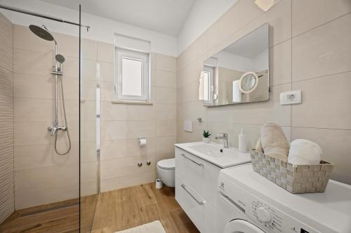 a bathroom with a shower and a sink and a toilet at Villa Karla, private pool, 3 bedroom in Divšići