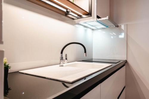 a kitchen with a sink in a small room at Crown Villa in Sarandë