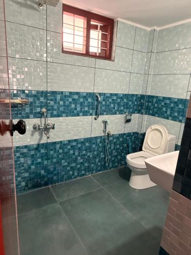 a bathroom with a shower and a toilet and a sink at Lakeside Meadows- Diamond Homestay in Kollam