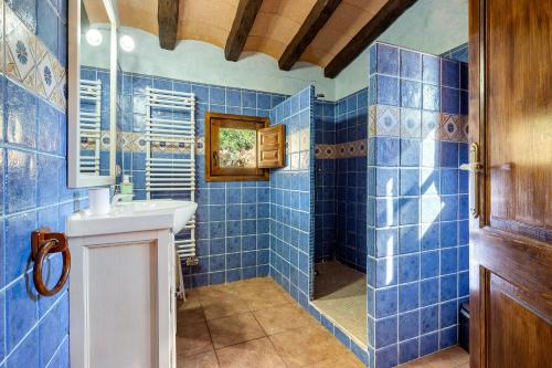 a blue tiled bathroom with a sink and a shower at Masia Puigadoll in Rodonyà