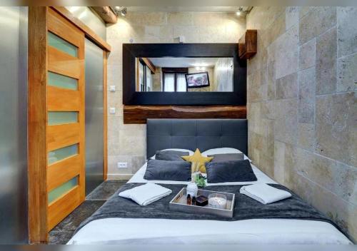 a bedroom with a large bed and a mirror at Sous mon toit - Sauna & jacuzzi in Dijon