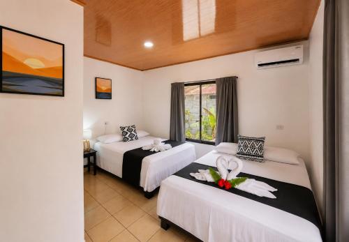 a room with two beds and a window at Carey Lodging in Tortuguero