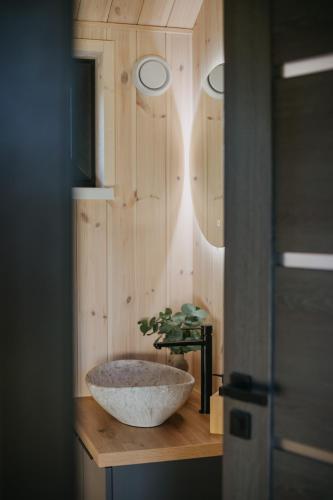 a bathroom with a large stone sink on a wooden counter at Ruoliškis tiny house in Biržai