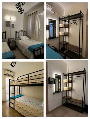 four different pictures of a room with bunk beds at Remas resort in El Alamein