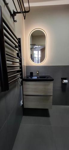 a bathroom with a sink and a mirror at Le Square Inn in Turckheim
