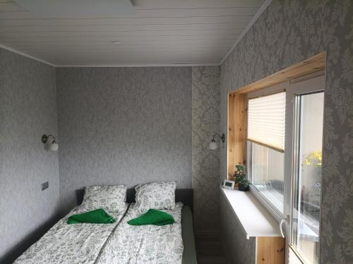 a bedroom with a bed with green pillows and a window at Näkmani 3 in Kõrgessaare
