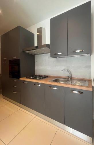 a kitchen with gray cabinets and a sink at Caraceni Apartaments 1 in Castel di Sangro