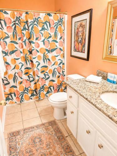 a bathroom with a shower curtain and a toilet at luxury condo, pet friendly, close to everything in Augusta