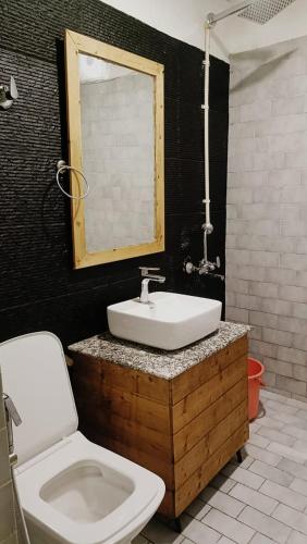 a bathroom with a sink and a toilet and a mirror at ART Sattal in Bhīm Tāl