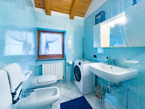 a blue bathroom with a sink and a washing machine at Casa Bamby in Cogolo