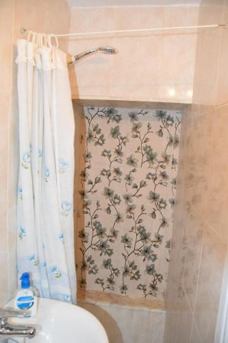 a bathroom with a shower curtain and a sink at O recuncho - Alojamiento tranquilo cerca de Ribeira Sacra y Ourense in Maceda