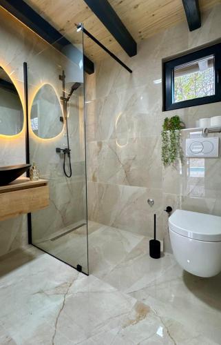a bathroom with a glass shower and a toilet at Villa SARA Bugojno in Bugojno