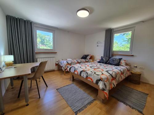 a bedroom with two beds and a table and a desk at Apartmaji I&E in Sežana