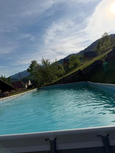 a large pool of blue water with mountains in the background at У Ґазди in Synevyrsʼka Polyana
