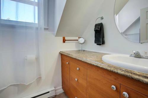 a bathroom with a sink and a mirror at Country house with SPA, small beach, pool in Mont-Tremblant