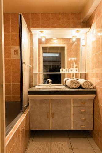 a bathroom with a sink and a mirror at Gites des Gentianes in Morbier