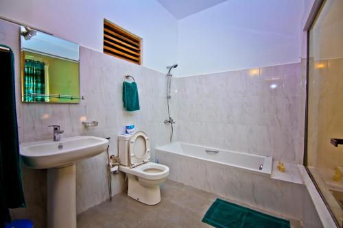埃拉的住宿－Ella Alpine Resort，浴室配有盥洗盆、卫生间和浴缸。