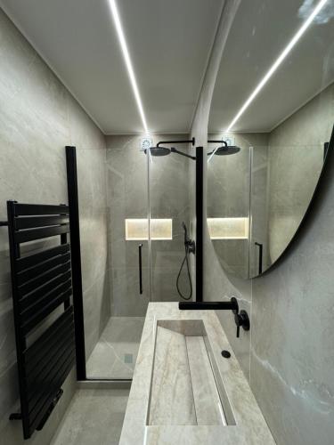 a bathroom with a mirror and a shower and a sink at Esch City Studio in Esch-sur-Alzette