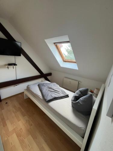 a bedroom with a bed with a skylight at Monteur-Pension W8 in Bad Schmiedeberg