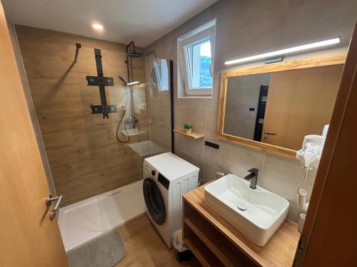 a bathroom with a sink and a toilet and a mirror at Anita Apartments in Flattach