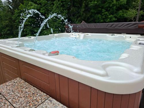 a hot tub with water fountain in a yard at House Gore VVV in Dol pri Hrastniku