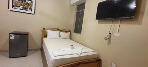 a small room with a small bed with a television at Hotel Roman in Pucallpa