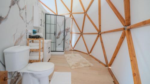 a bathroom with a toilet and a mirror at Belek Glamping House in Çakıllık