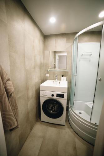 a bathroom with a washing machine and a sink at LK Darzu Apartment in Rēzekne