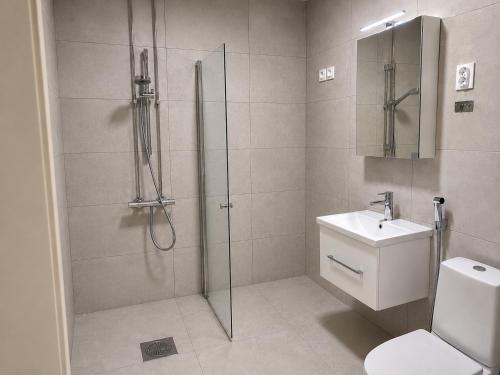 a bathroom with a shower and a toilet and a sink at Finstay Turku in Turku